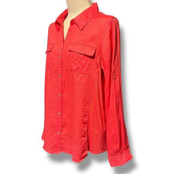 Calvin Klein Roll-Tab Long Sleeve Button Up Linen Pink Large - Picture 2 of 8